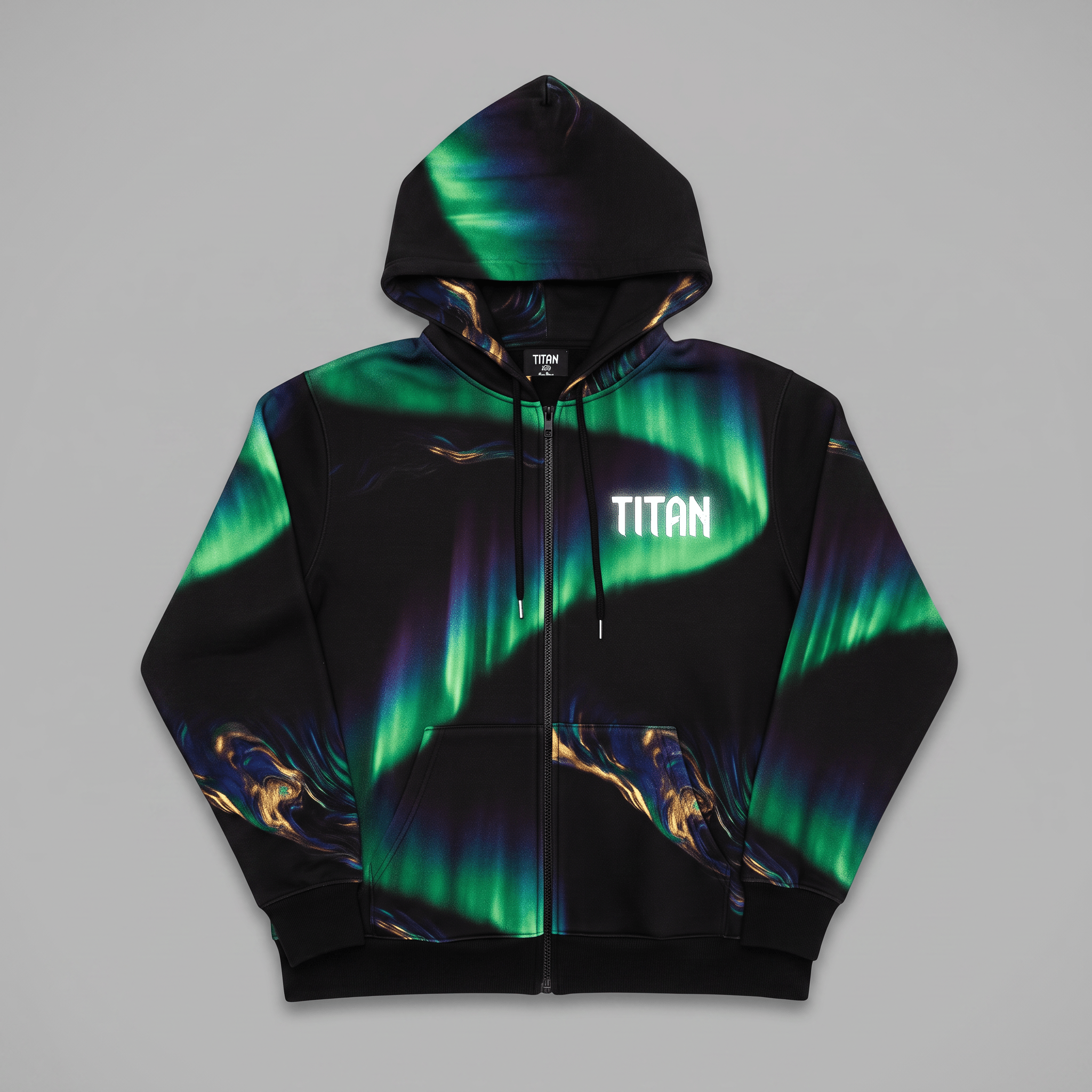 Black full-zip hoodie featuring a vibrant green and purple aurora borealis graphic, with white Titan logo on chest.