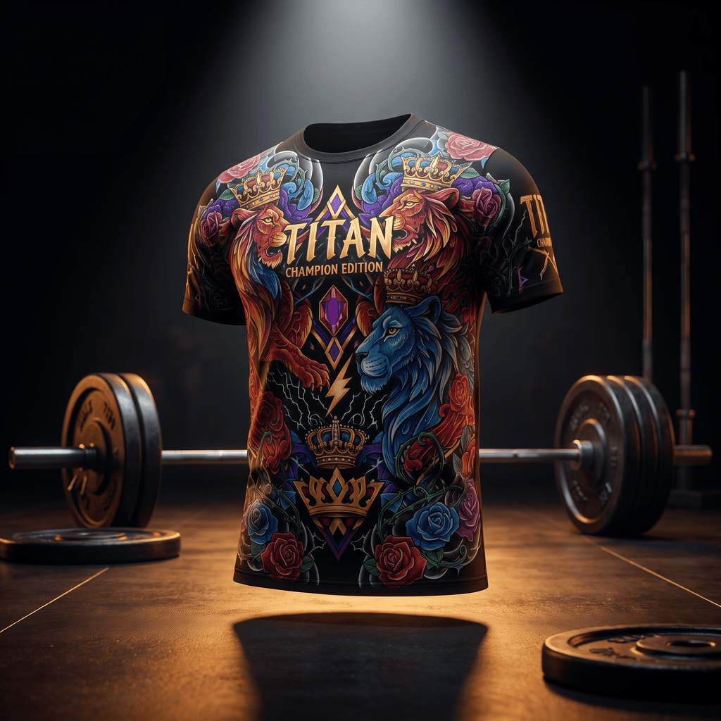 Black athletic t-shirt featuring colorful lion, crown, and rose graphics with "TITAN CHAMPION EDITION" text.