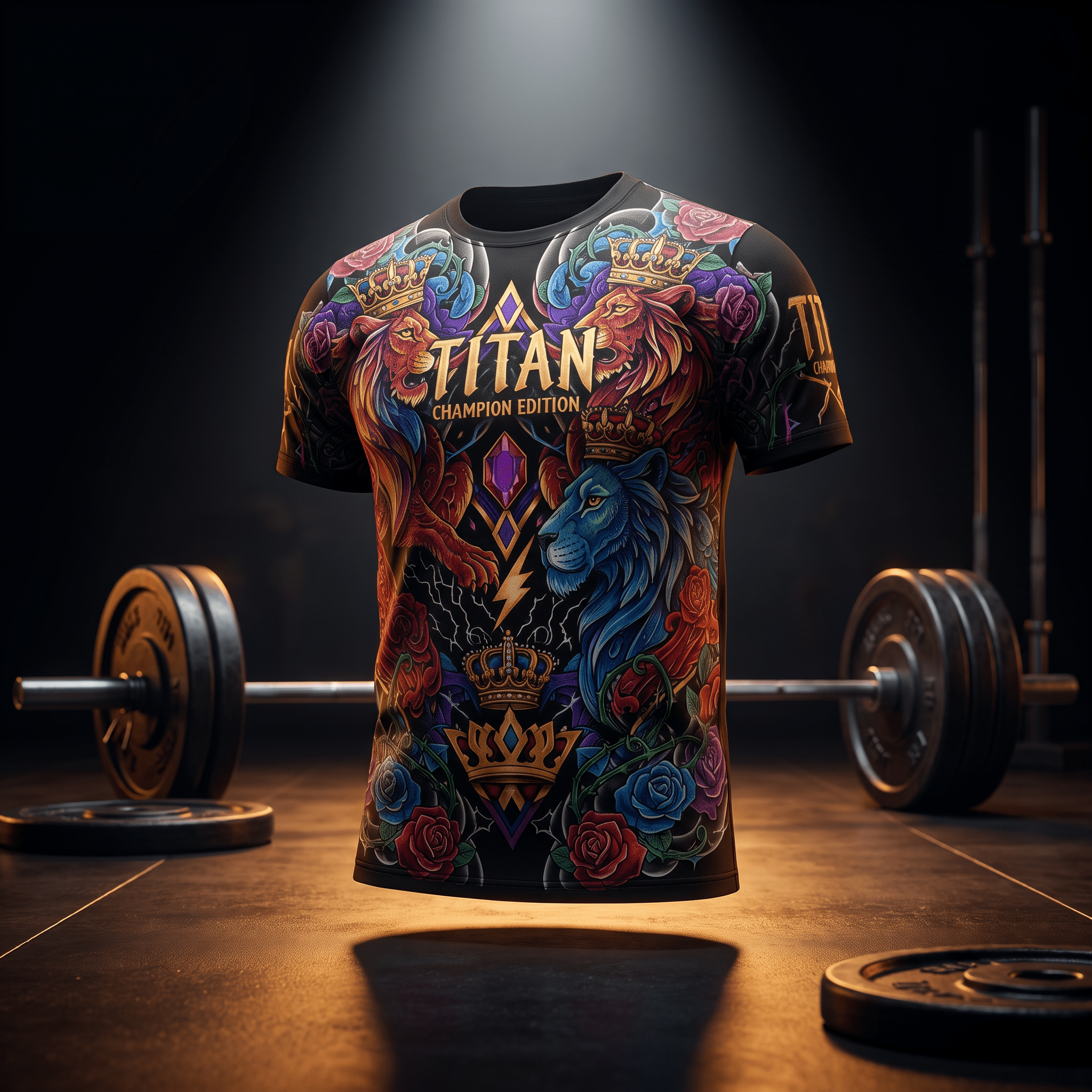 Black athletic t-shirt featuring colorful lion, crown, and rose graphics with "TITAN CHAMPION EDITION" text.