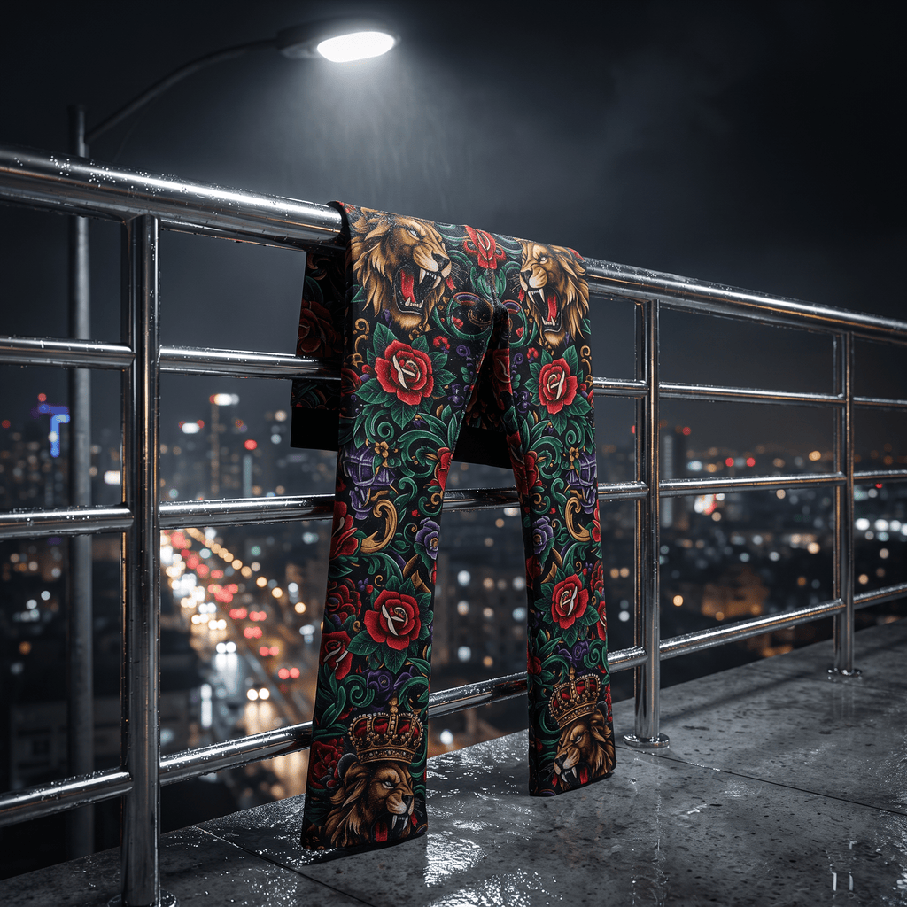 Black athletic leggings featuring a vibrant, multi-colored print of lions, roses, and gold crowns on a balcony.