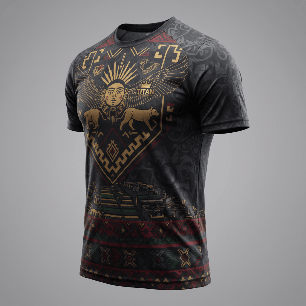 Black athletic t-shirt featuring gold and red Mesoamerican graphic prints with a winged sun deity and pyramid.