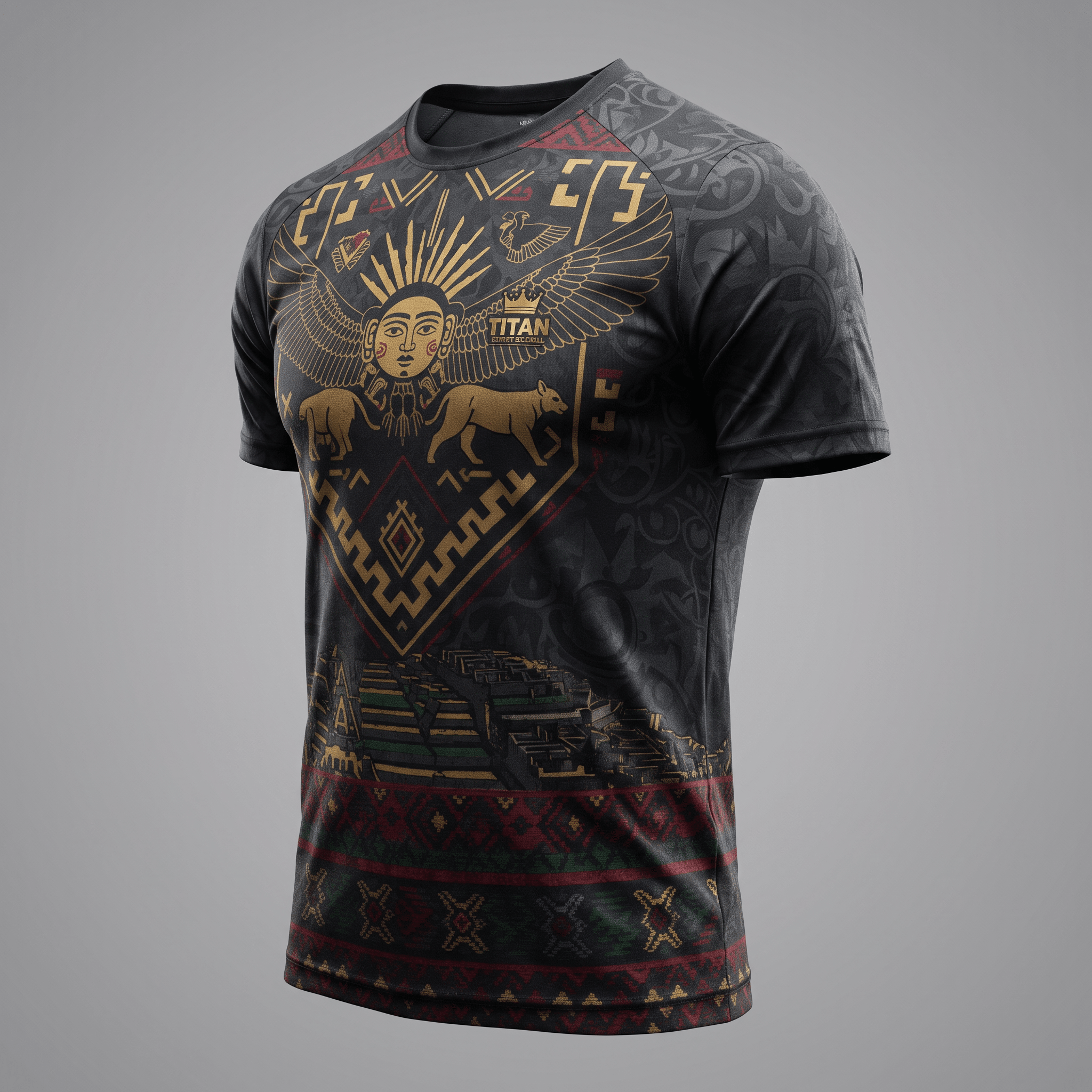 Black athletic t-shirt featuring gold and red Mesoamerican graphic prints with a winged sun deity and pyramid.