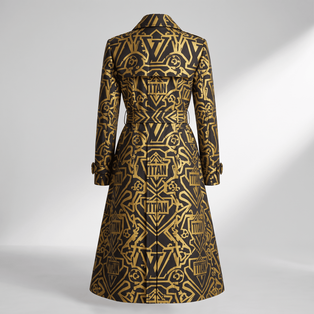 Back view of a black and gold patterned trench coat with a matching belt and structured collar.