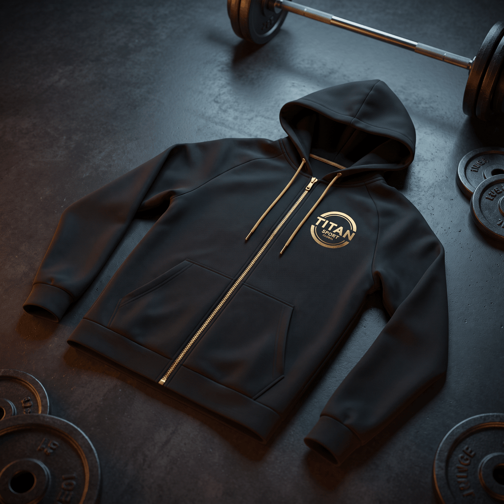 Black zip-up hoodie with gold Titan Sport logo, gold zipper, and drawstrings, displayed on a gym floor with weights.