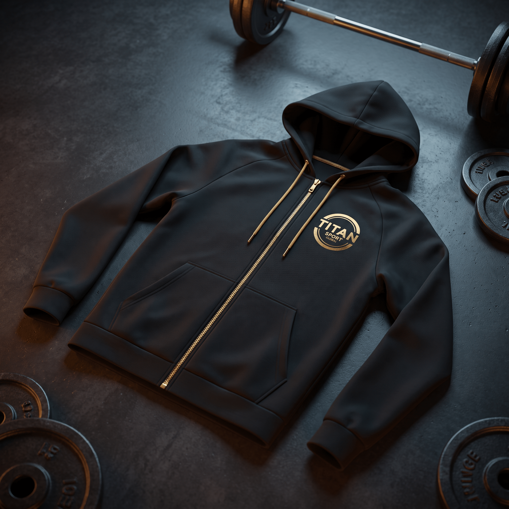 Black zip-up hoodie with gold Titan Sport logo, gold zipper, and drawstrings, displayed on a gym floor with weights.