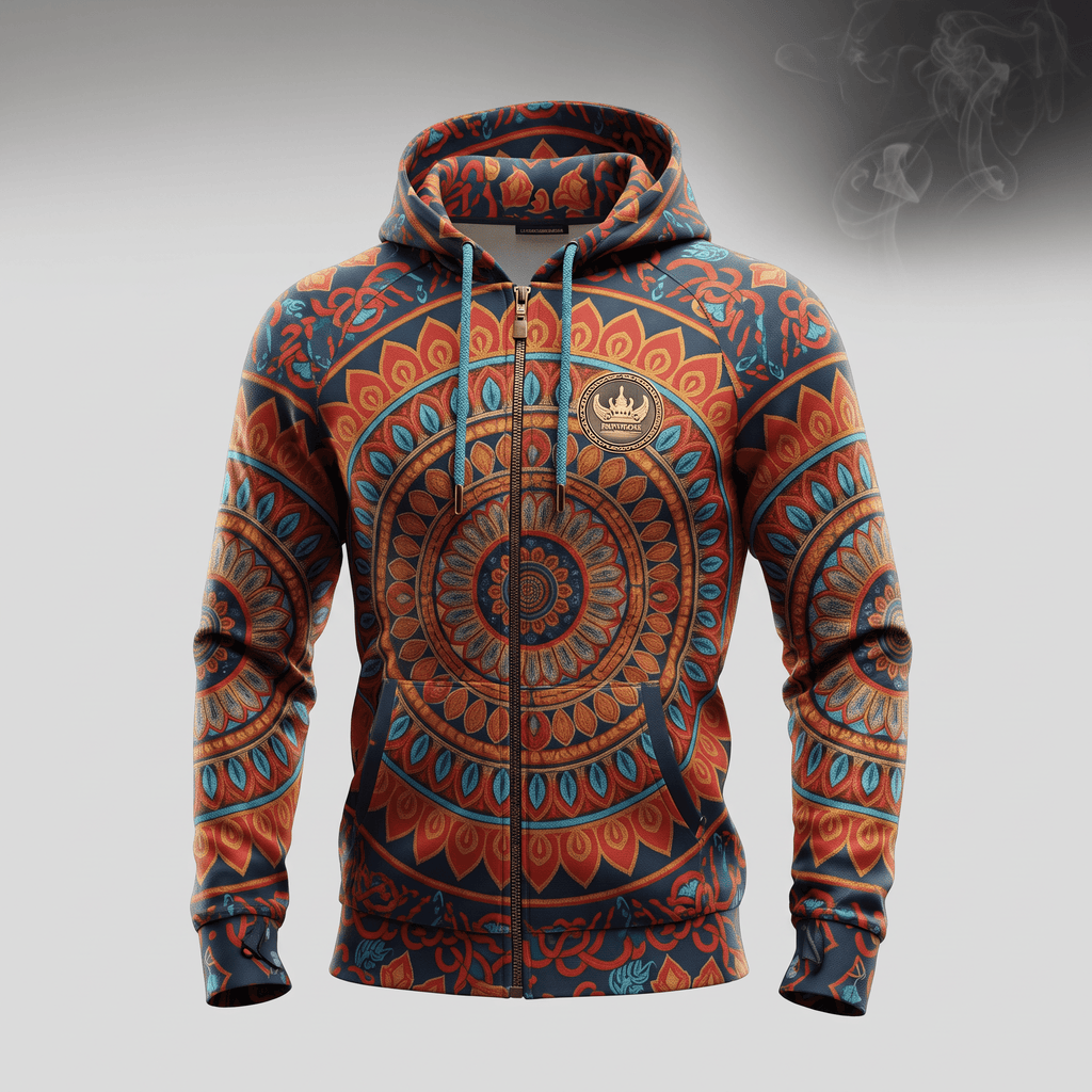 Zip hoodie featuring an intricate orange, blue, and navy mandala pattern with a front zipper and drawstrings.