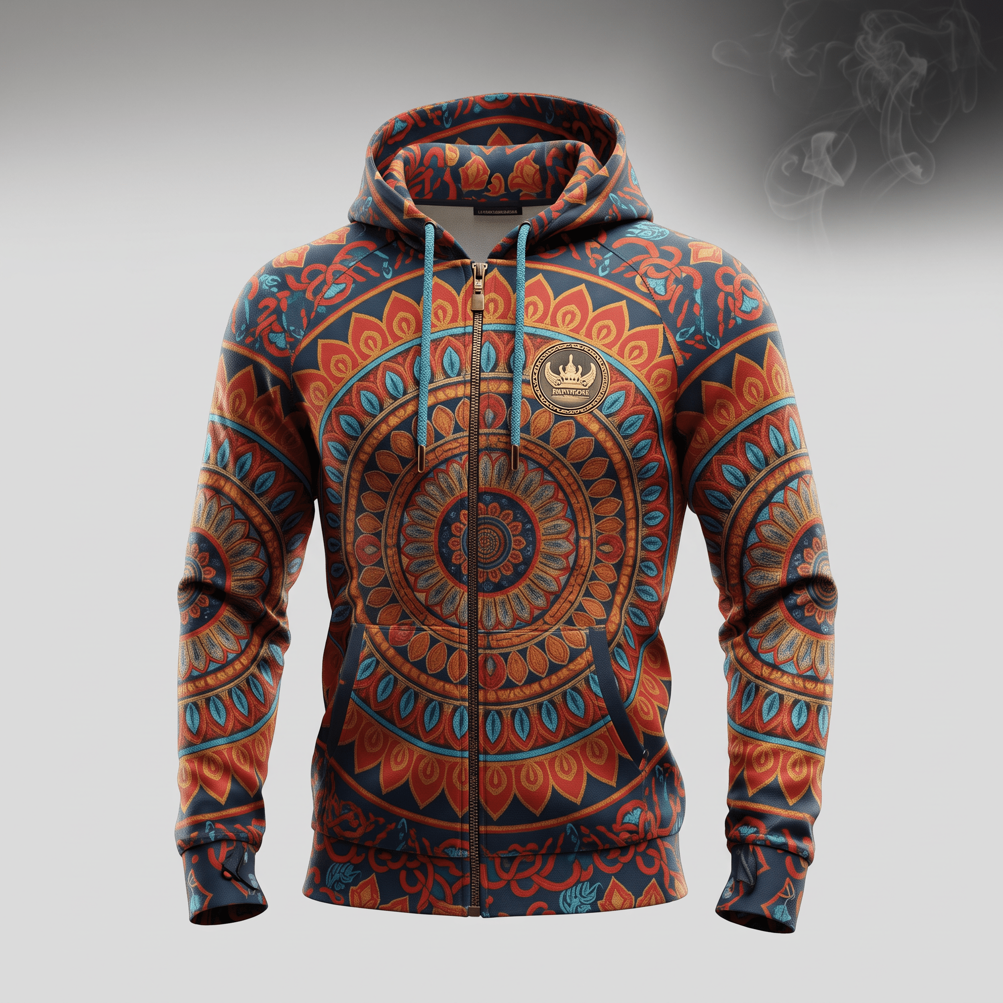 Zip hoodie featuring an intricate orange, blue, and navy mandala pattern with a front zipper and drawstrings.