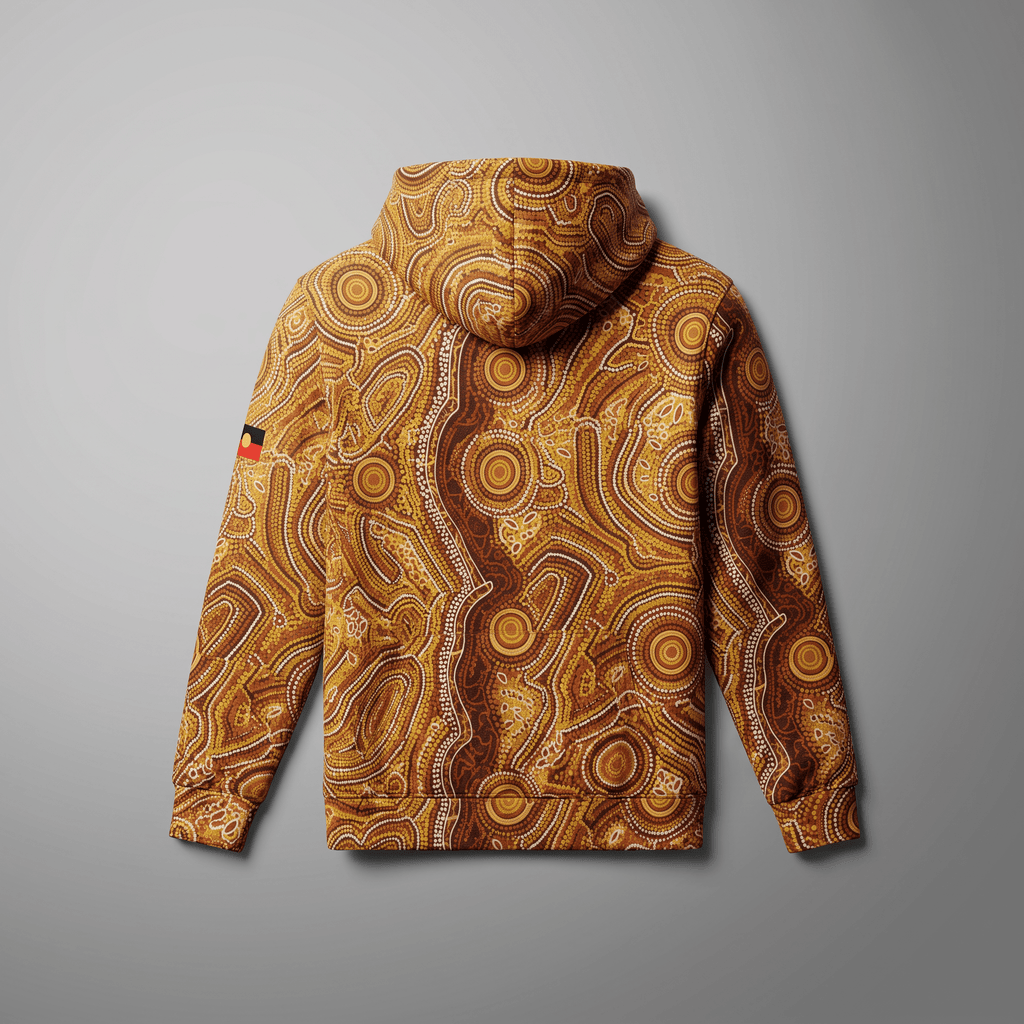 Rear view of an Indigenous-designed hoodie with earth-toned dot art in shades of brown, gold, and white.