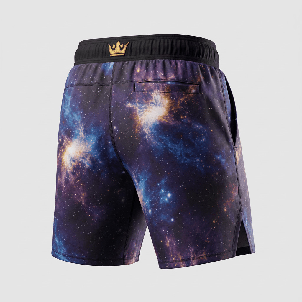 Back view of men's athletic shorts featuring a blue and purple galaxy print, black waistband, and gold crown logo.