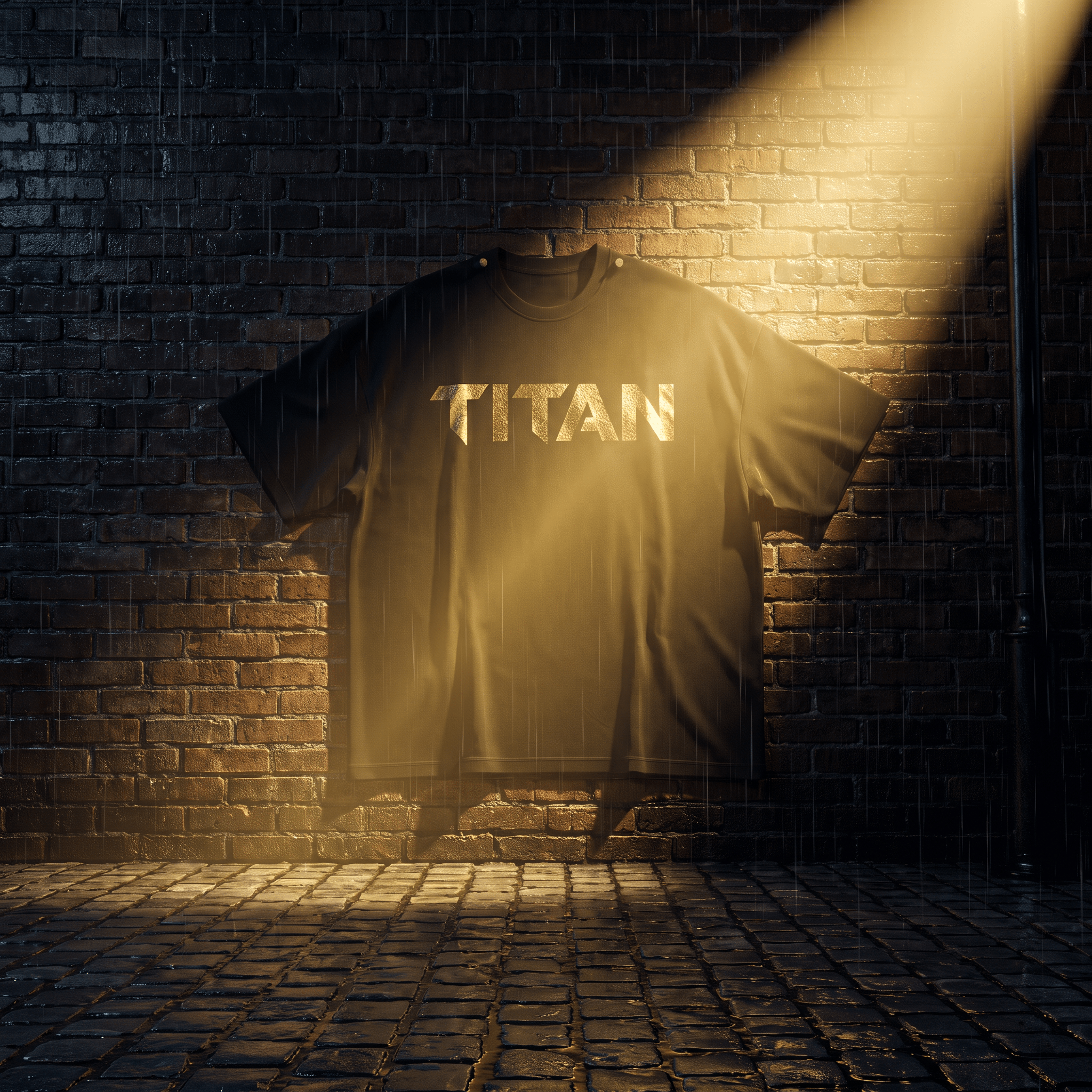 Black crewneck athletic t-shirt with metallic gold "TITAN" branding, hanging against a rain-swept brick wall.