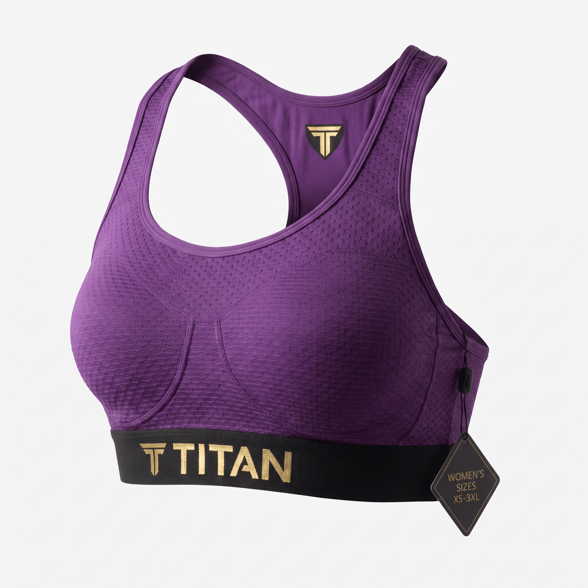 Purple Titan sports bra with black and gold band and racerback style on white background.
