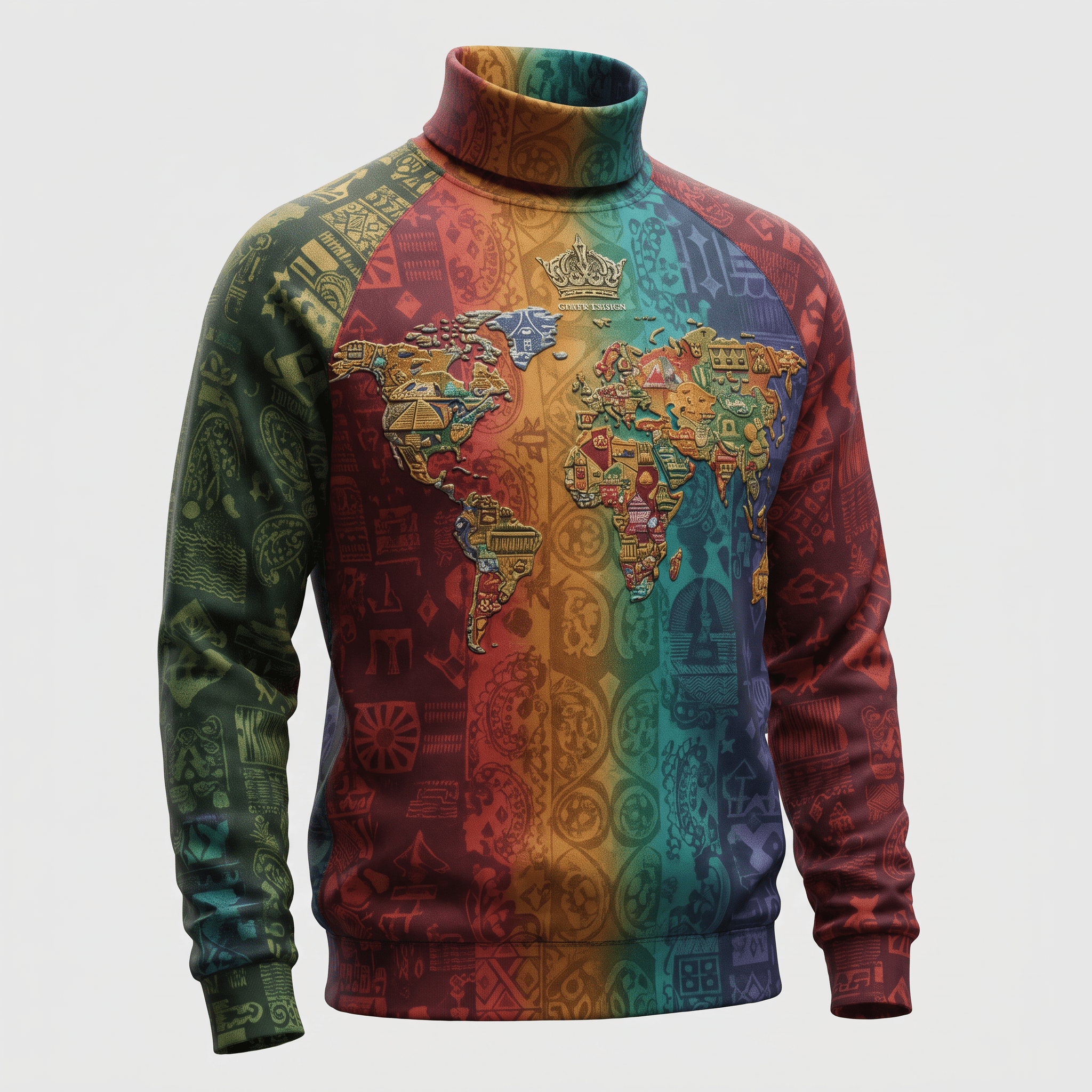 Colorful turtleneck sweater with a multi-colored pattern and an embroidered world map design on the chest.