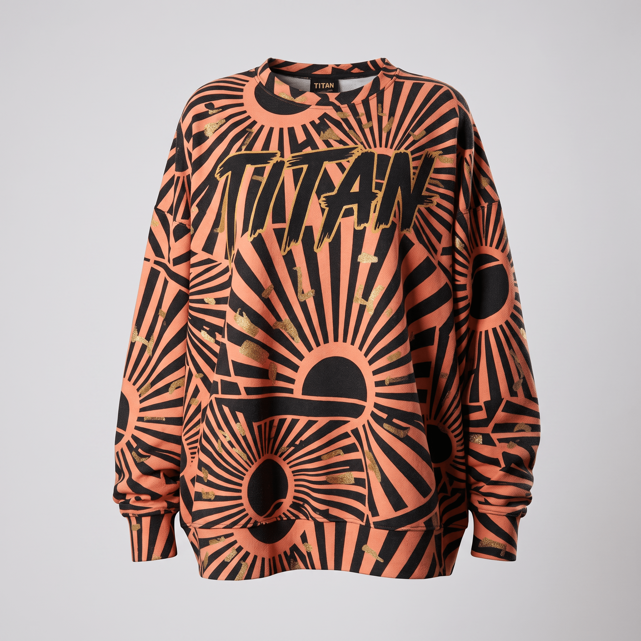 Coral and black crewneck sweatshirt with all-over sunburst pattern and bold Titan text across the chest.