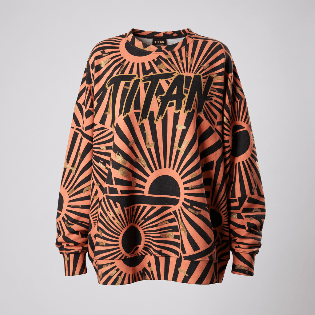 Peach and black crewneck sweatshirt with all-over sunburst pattern and bold Titan logo across the chest.