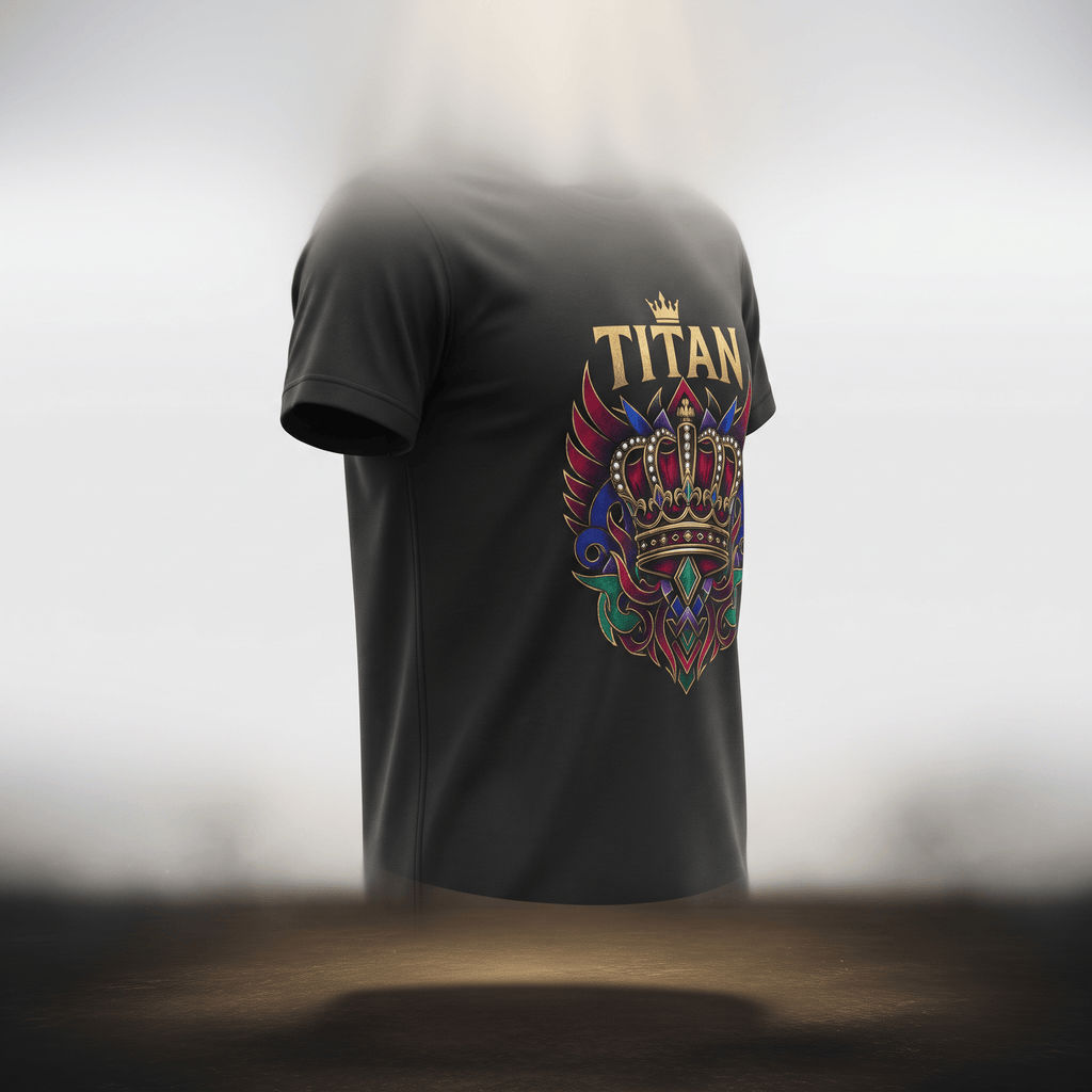 Black t-shirt with a gold TITAN logo and colorful ornate crown graphic on the front.