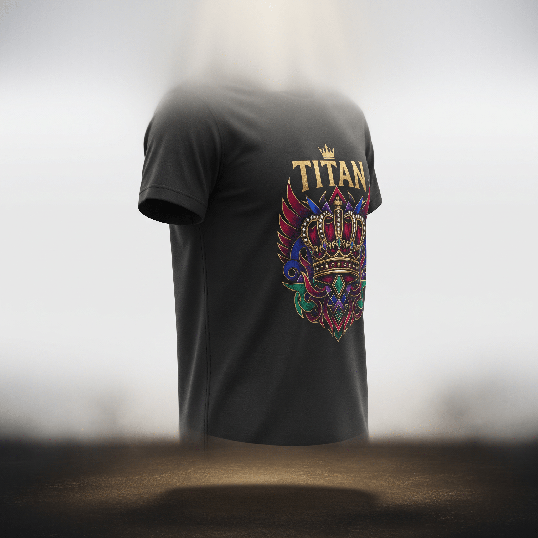 Black t-shirt with a gold TITAN logo and colorful ornate crown graphic on the front.