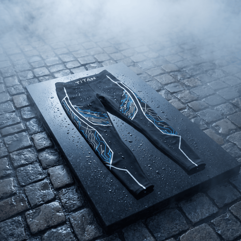 Black athletic leggings with gold "TITAN" branding and blue and silver circuit board graphics on a wet stone platform.