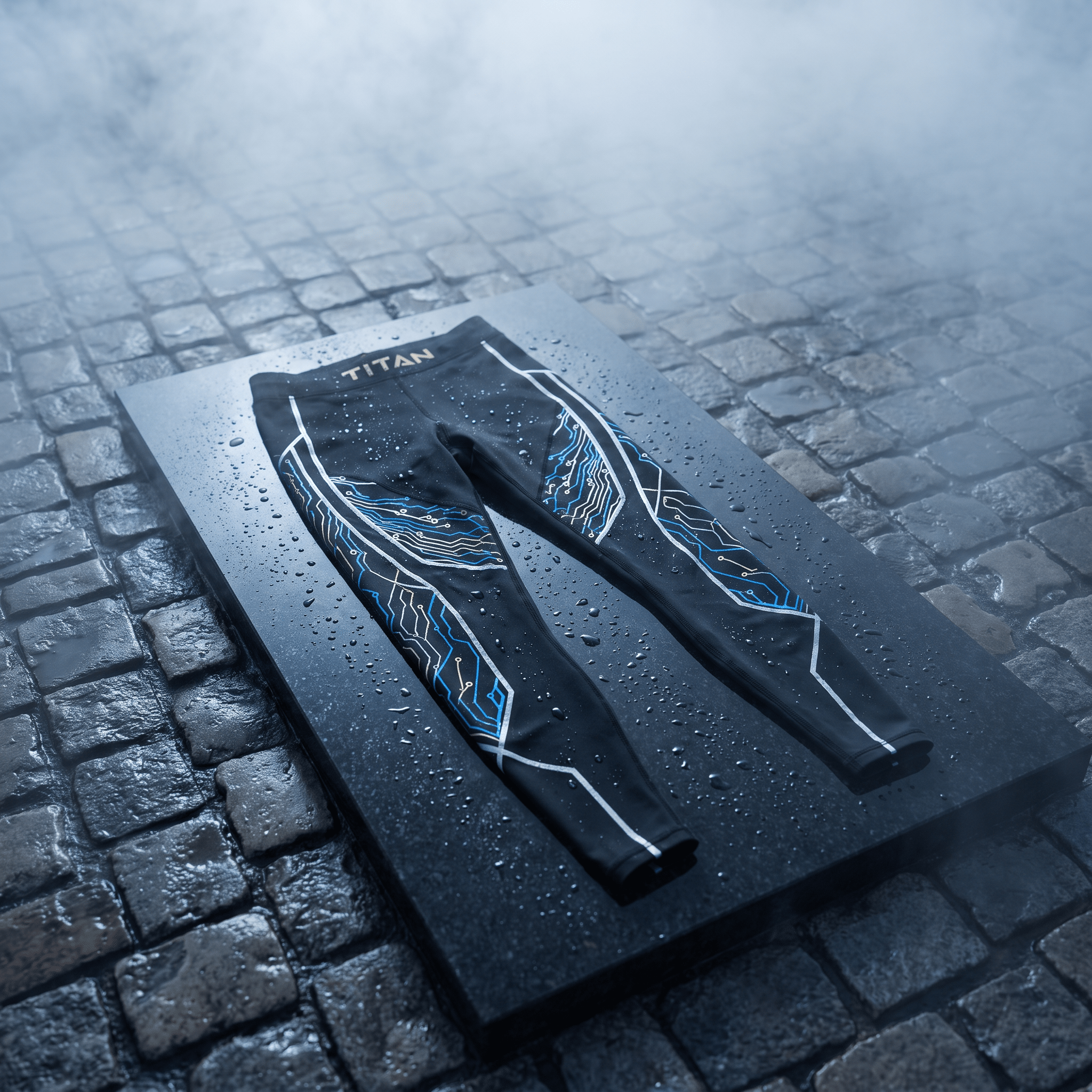 Black athletic leggings with gold "TITAN" branding and blue and silver circuit board graphics on a wet stone platform.