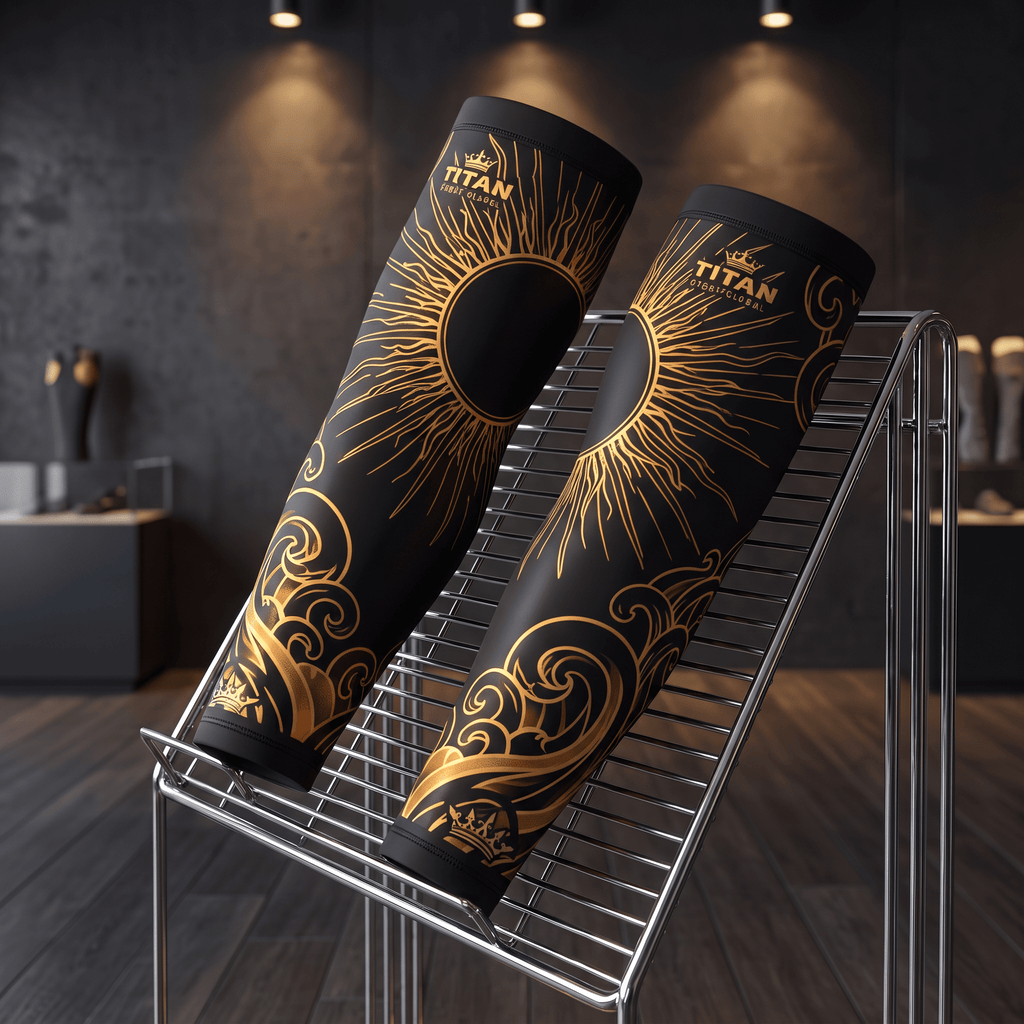 Black compression sleeves with gold sun and wave patterns, branded with "TITAN" logo, displayed on a metal rack.