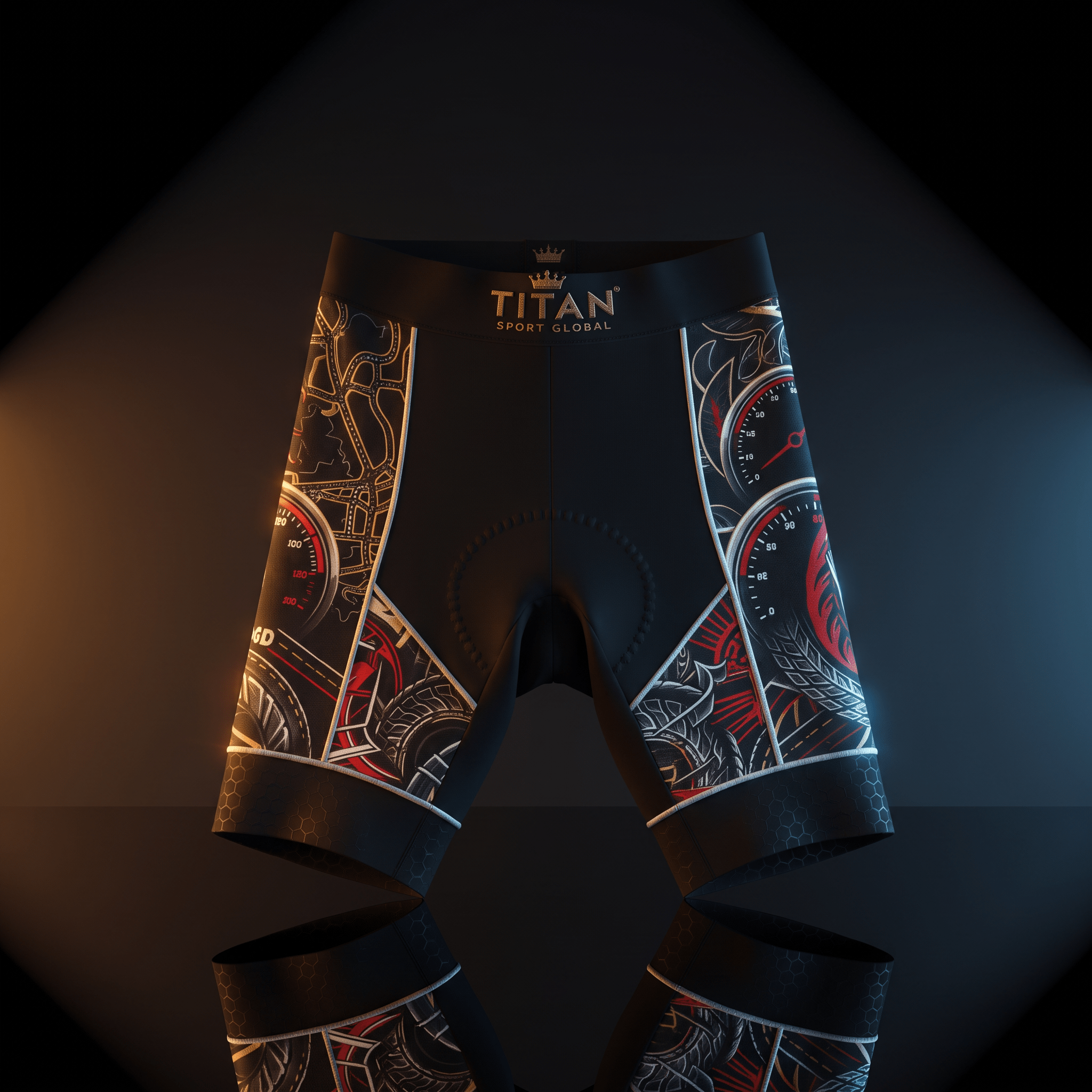 Black Titan Sport Global cycling shorts with gold branding and red, white, and gold racing-inspired graphic panels.