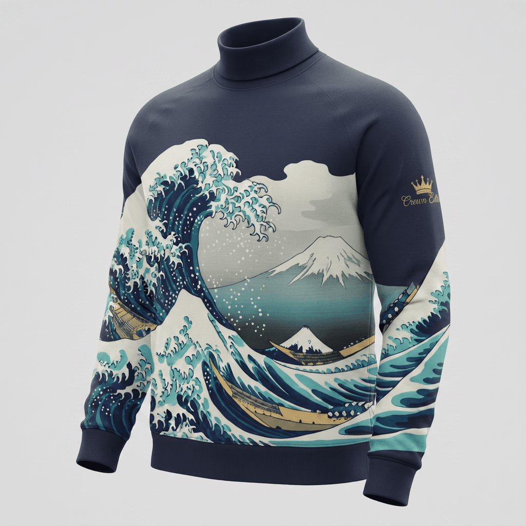 Dark blue turtleneck sweatshirt featuring The Great Wave off Kanagawa print and Mount Fuji across the front.