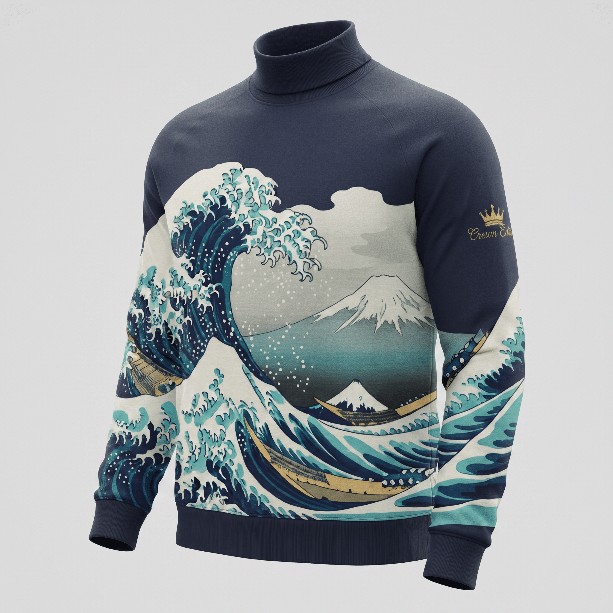 Dark blue turtleneck sweatshirt featuring The Great Wave off Kanagawa print and Mount Fuji across the front.