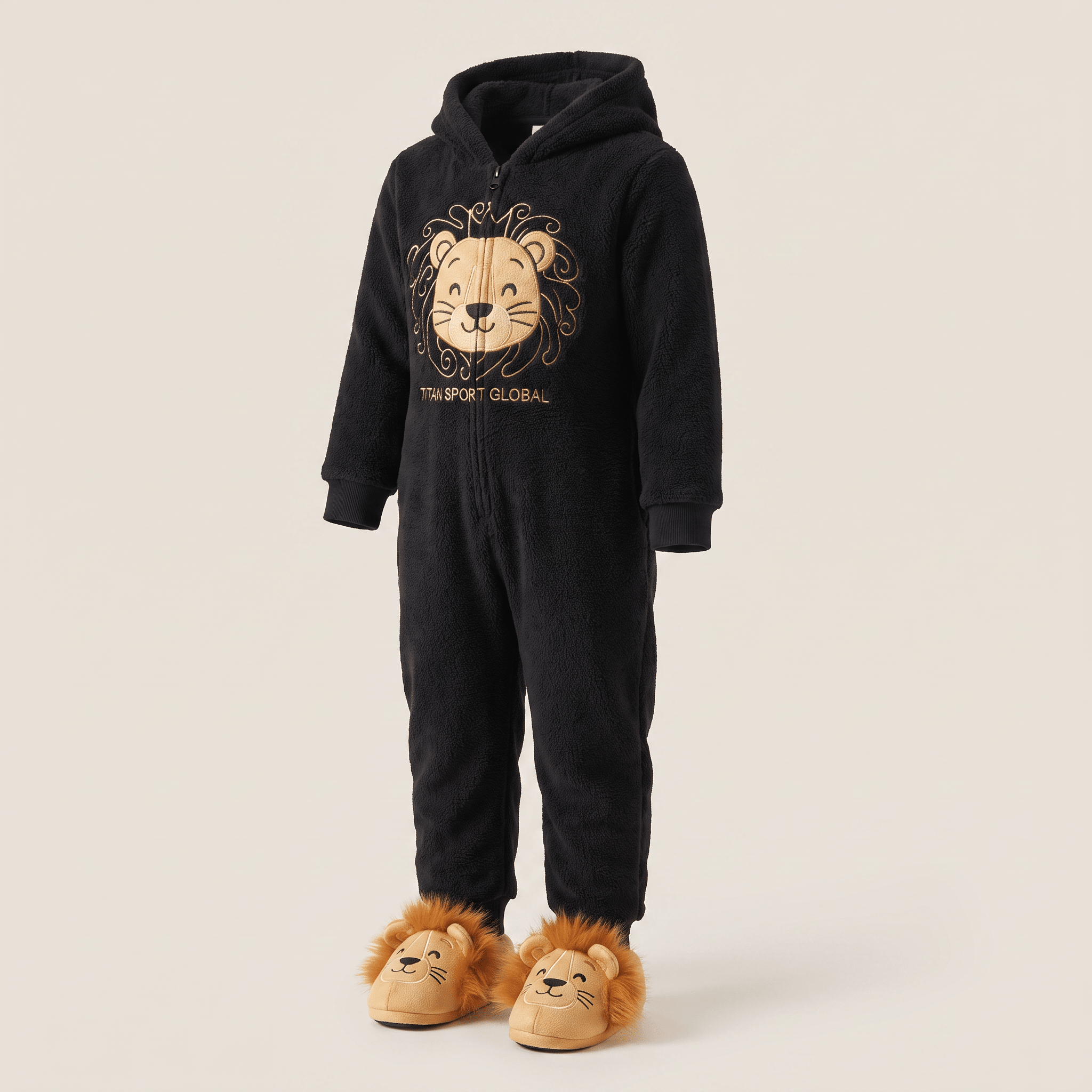 Black fleece hooded onesie with embroidered lion graphic paired with matching lion slippers.