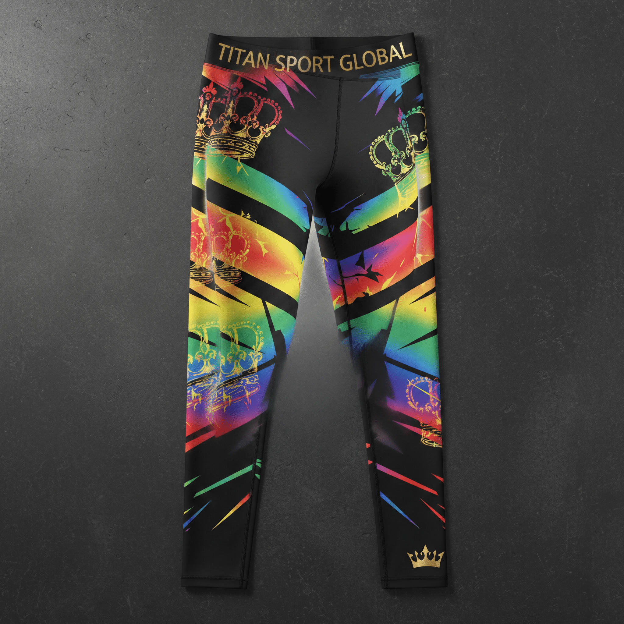 Black athletic leggings with Titan Sport Global waistband, rainbow crown graphics, and gold accents.