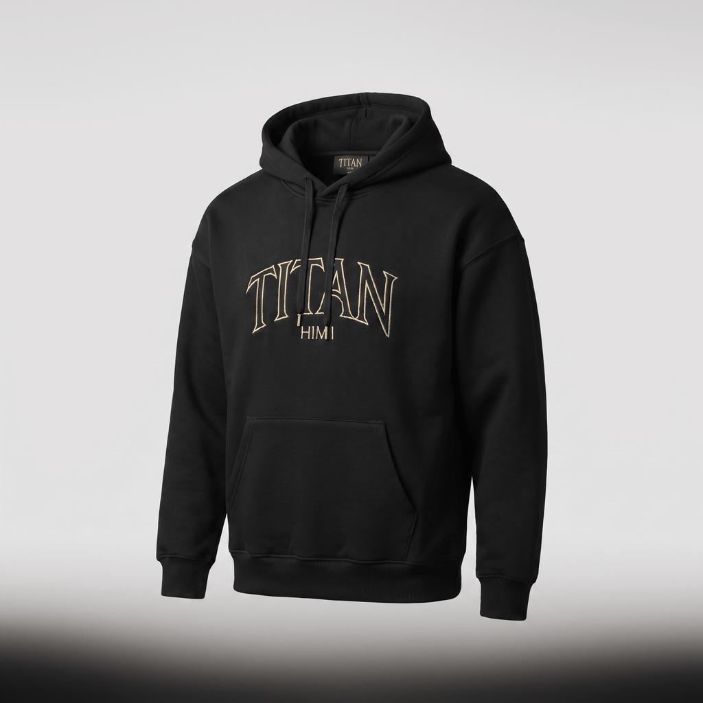 Black pullover hoodie with gold outlined Titan Himi text graphic and front pouch pocket.