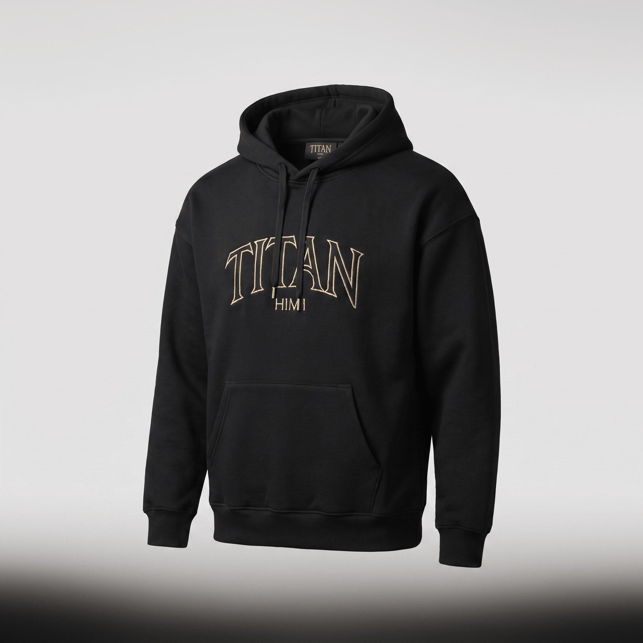 Black pullover hoodie with gold outlined Titan Himi text graphic and front pouch pocket.