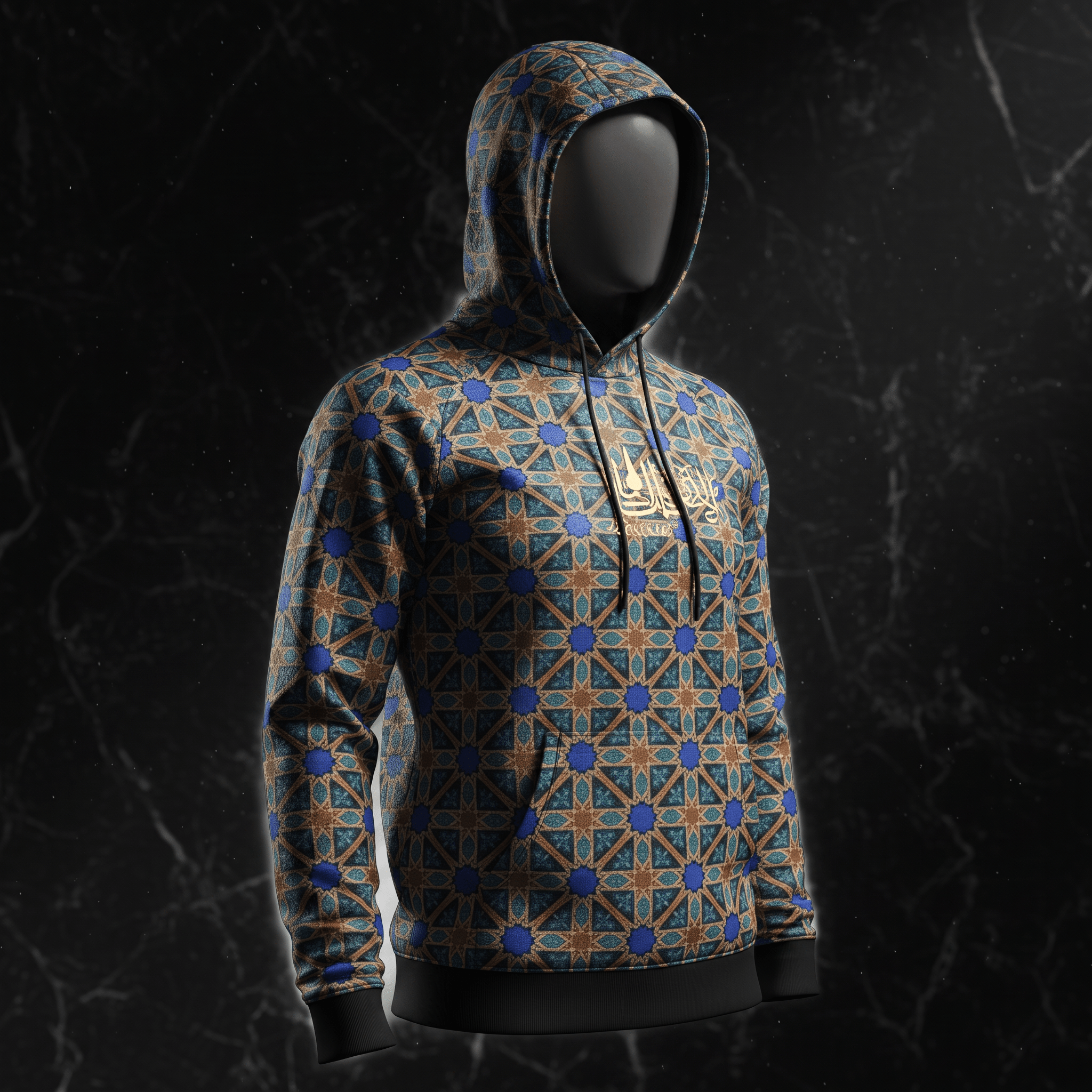 Blue and brown geometric pattern hoodie with gold arabic calligraphy on the chest displayed on a mannequin.