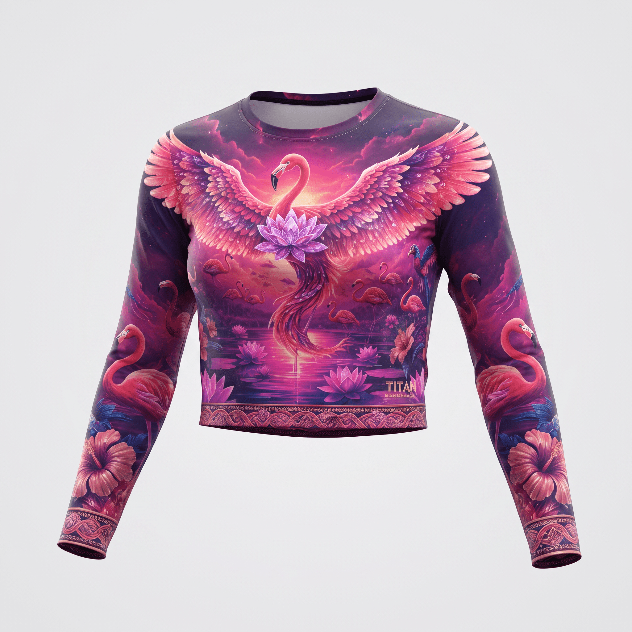 Pink flamingo long sleeve crop top with vibrant phoenix bird and lotus flower graphic art.