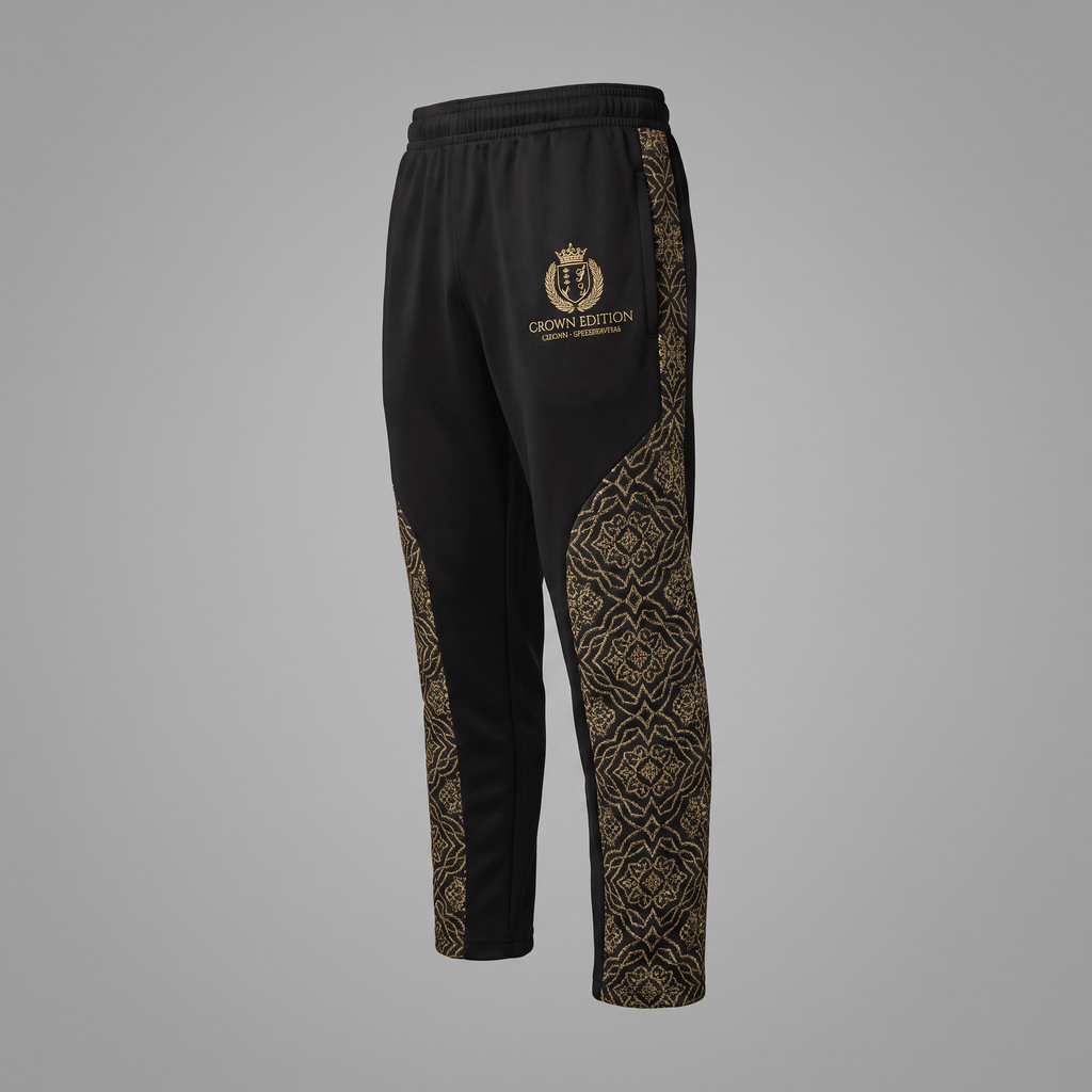 Black athletic sweatpants with gold crown edition logo and ornate gold side panel patterns on a grey background.