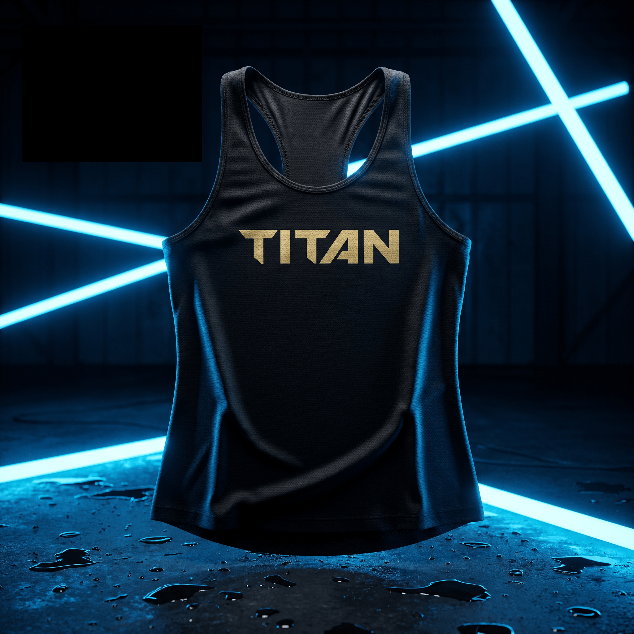 Black athletic tank top with gold "TITAN" logo, centered against a dark background with glowing blue neon light lines.