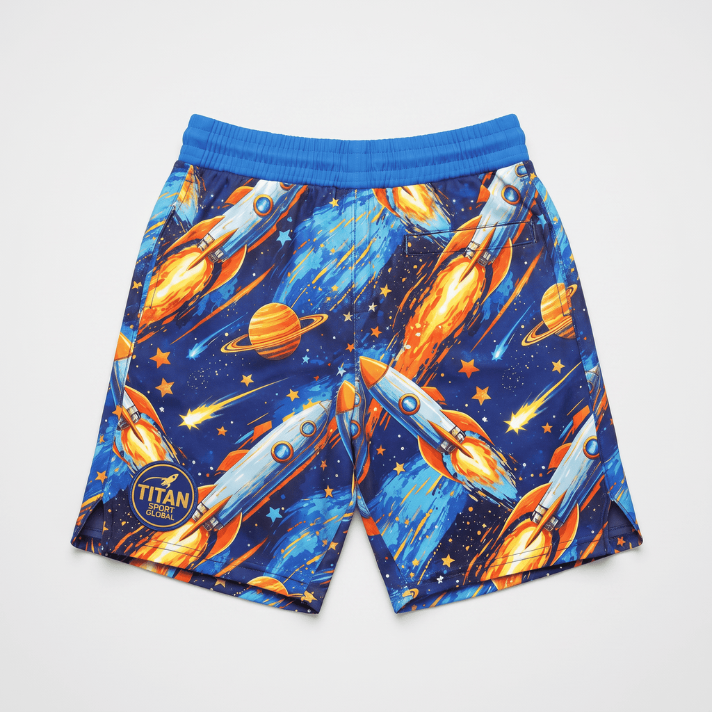 Blue athletic shorts with rocket, planet, and star print, elastic waistband, and Titan Sport Global logo.