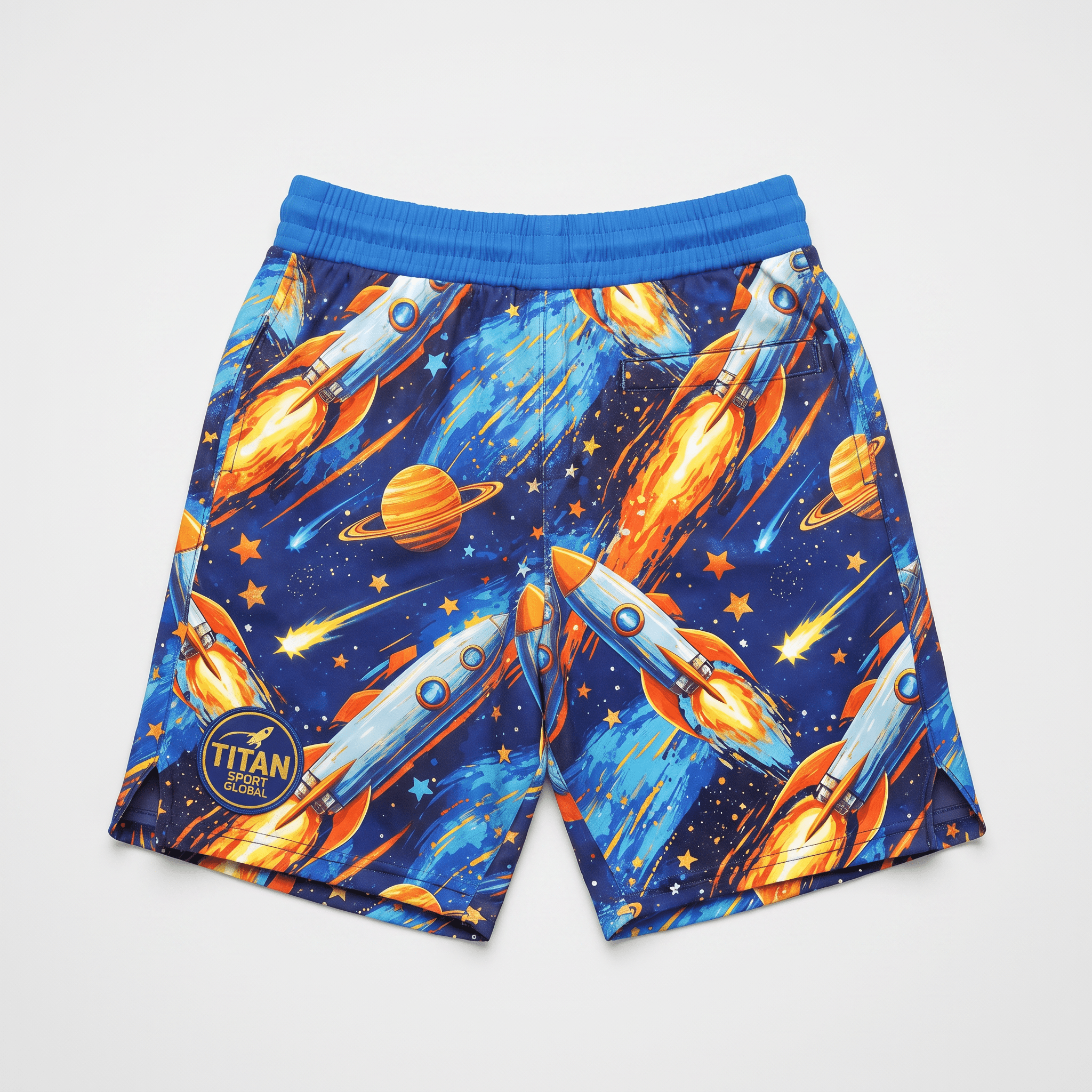Blue athletic shorts featuring a vibrant space print with rockets, planets, and stars against a dark background.