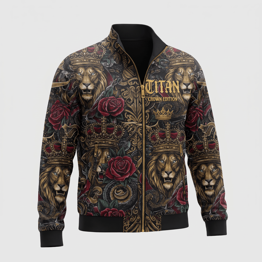 Black bomber jacket featuring an ornate gold lion, crown, and red rose print with Titan Crown Edition text.