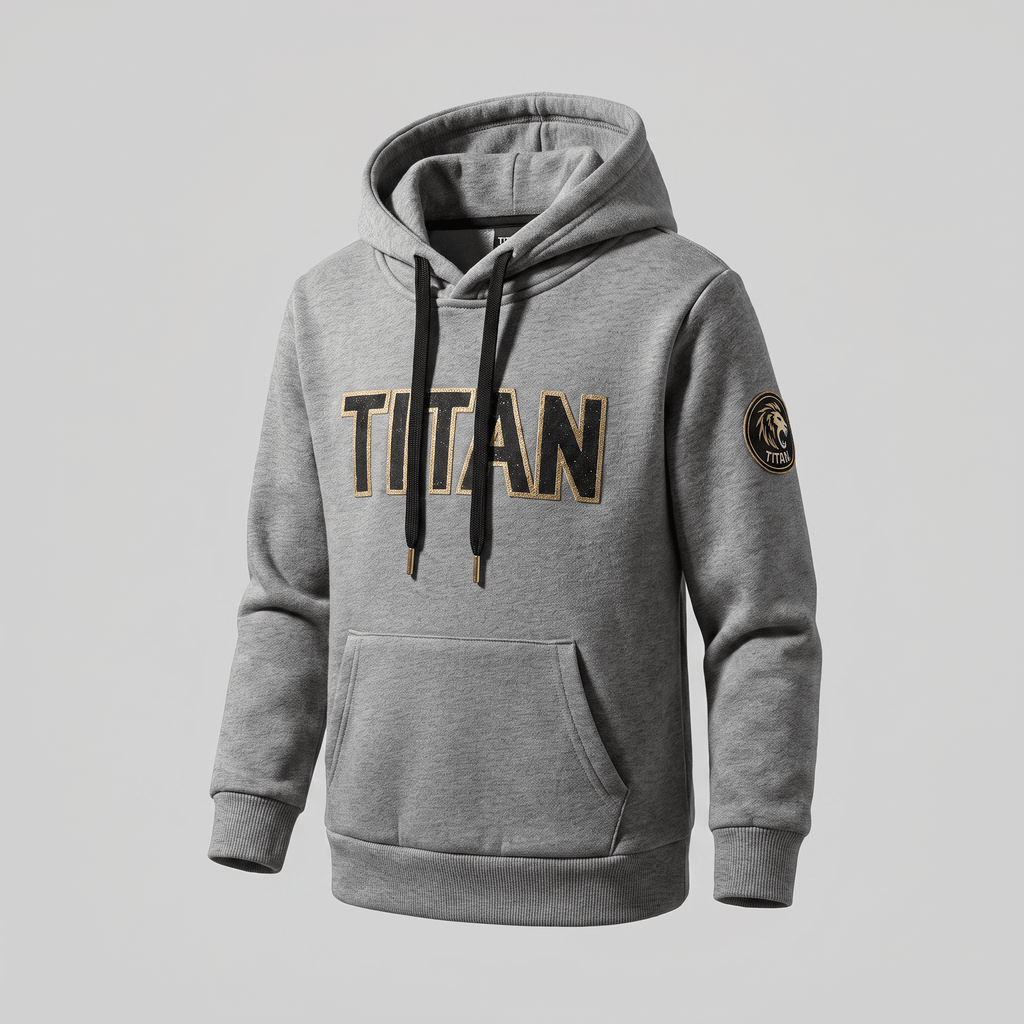 Grey Titan pullover hoodie with black drawstrings, front pocket, and gold and black chest logo.