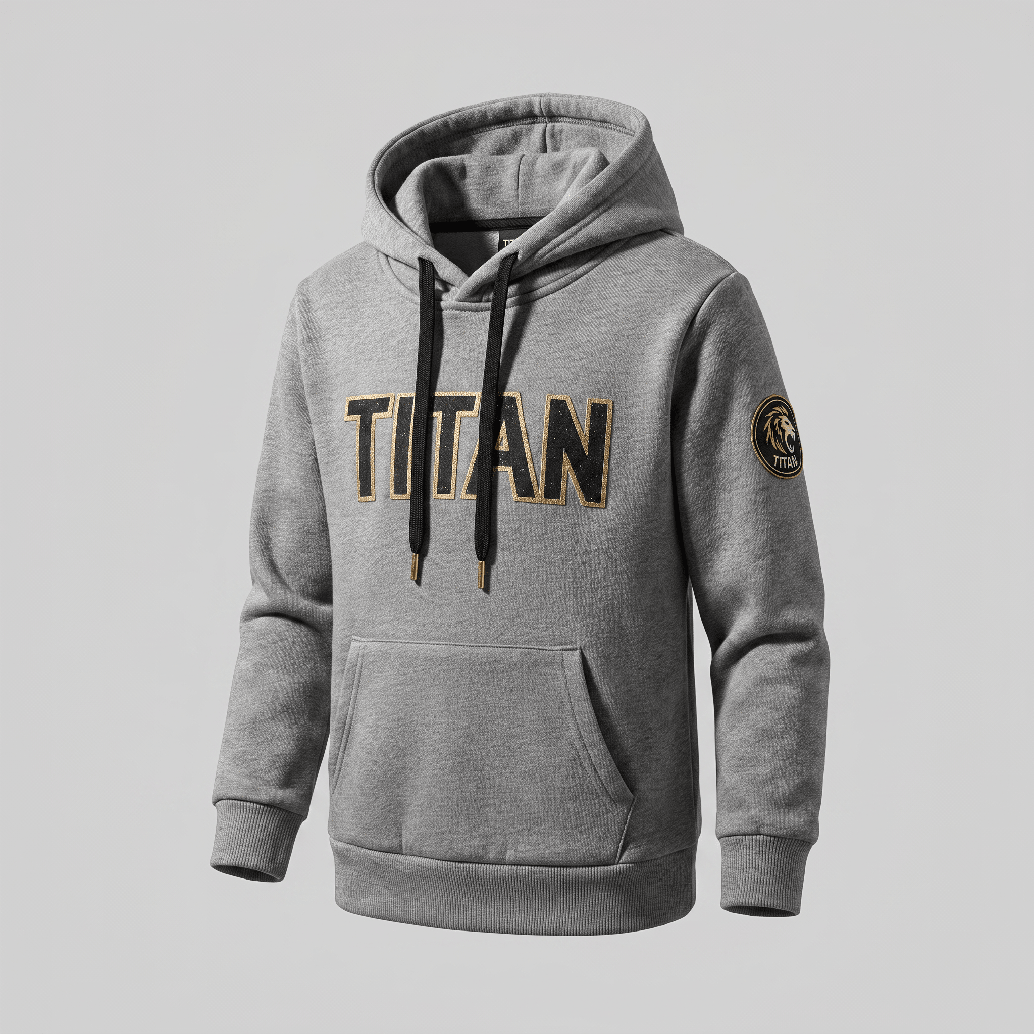 Grey Titan pullover hoodie with black drawstrings, front pocket, and gold and black chest logo.