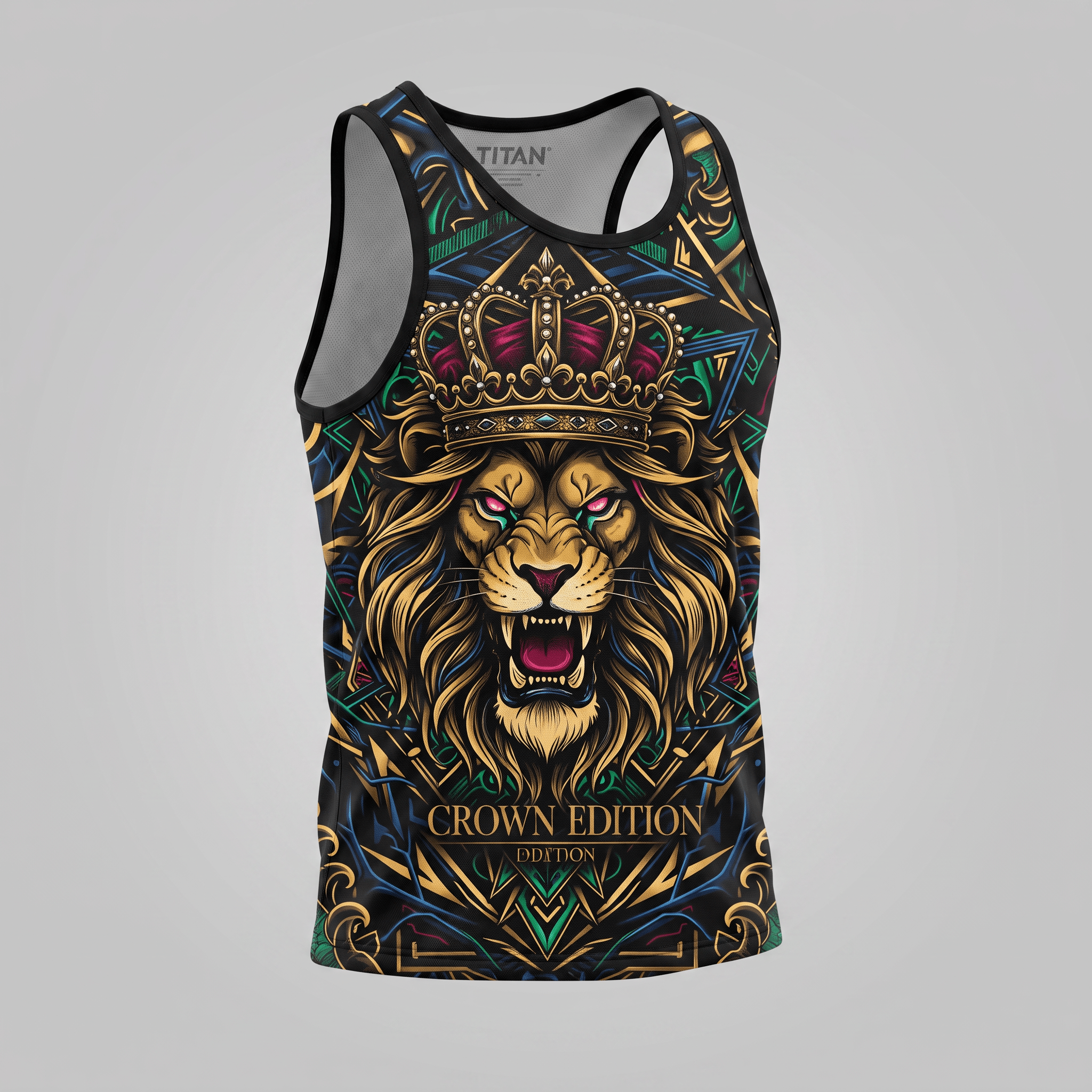 Black tank top featuring a roaring lion wearing a crown amid abstract colorful geometric patterns.