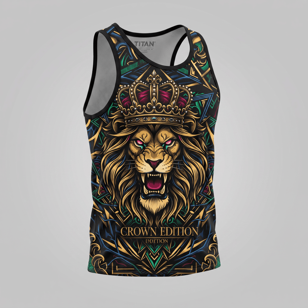 Black athletic tank top featuring a roaring lion wearing a crown with colorful abstract geometric patterns.