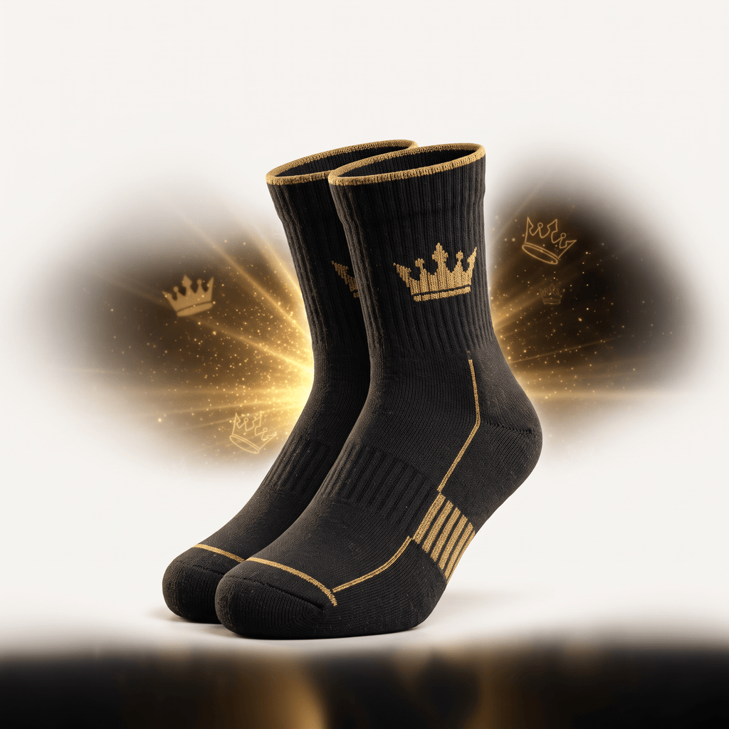 Black crew socks with gold crown logo and trim against a glowing background.