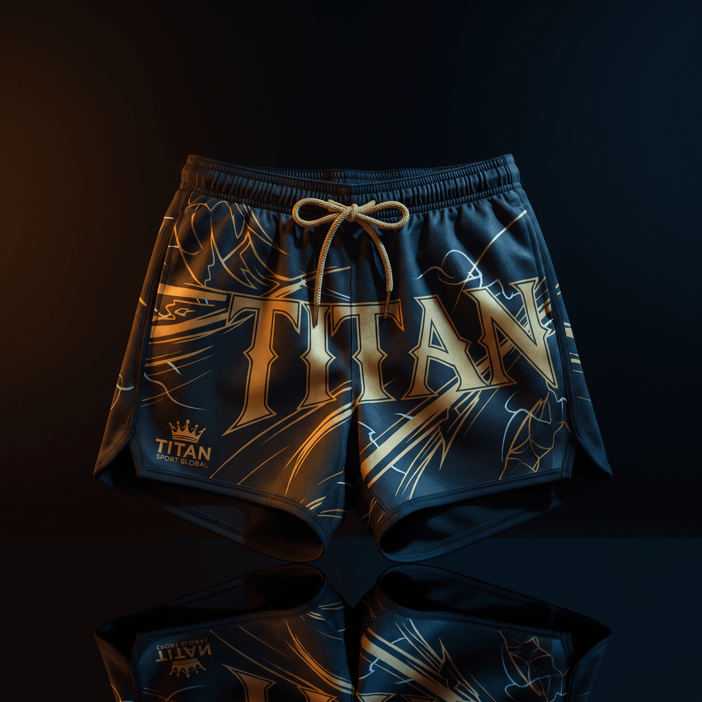 Black athletic shorts with gold "TITAN" logo, abstract graphic print, and a gold drawstring, set against dark background.