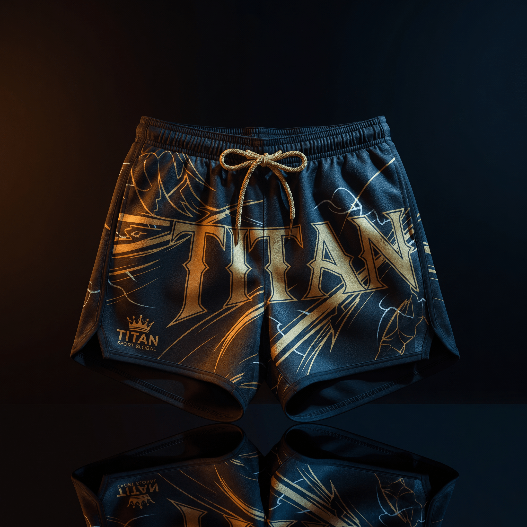 Black athletic shorts with gold "TITAN" logo, abstract graphic print, and a gold drawstring, set against dark background.