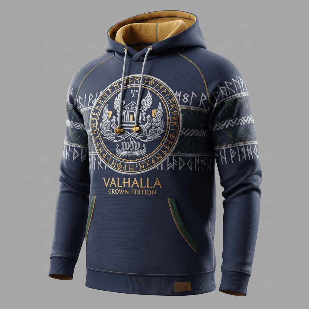 Blue Valhalla Crown Edition hoodie with gold inner hood, rune graphics, and front pouch pocket.