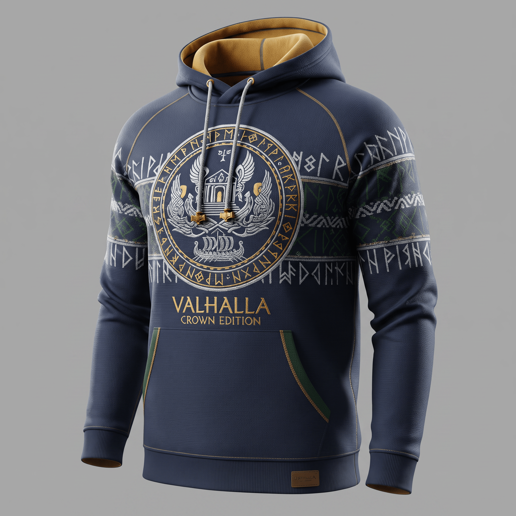 Blue Valhalla Crown Edition hoodie with gold inner hood, rune graphics, and front pouch pocket.