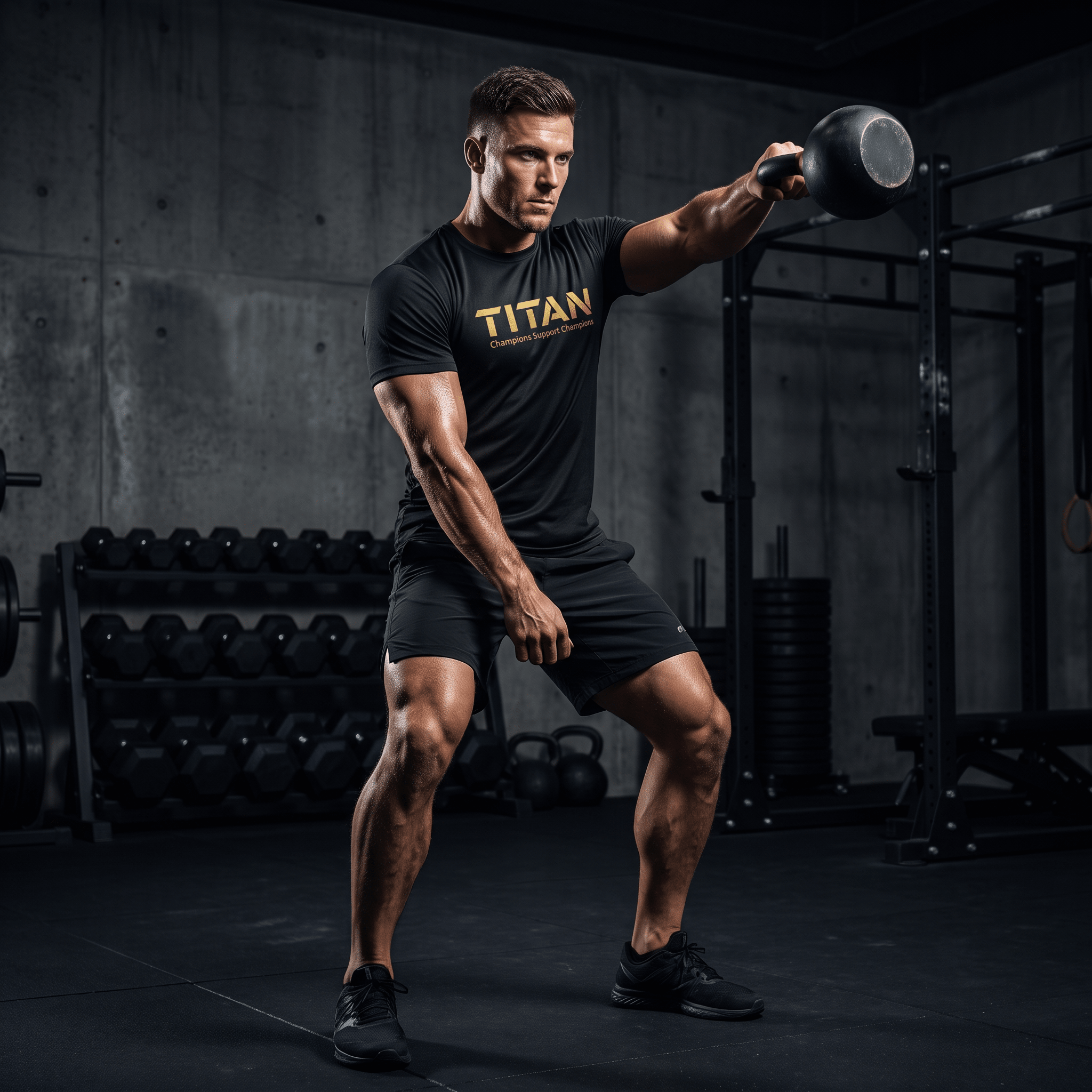 Male athlete doing a kettlebell swing wearing black TITAN Champions Support Champions graphic tee