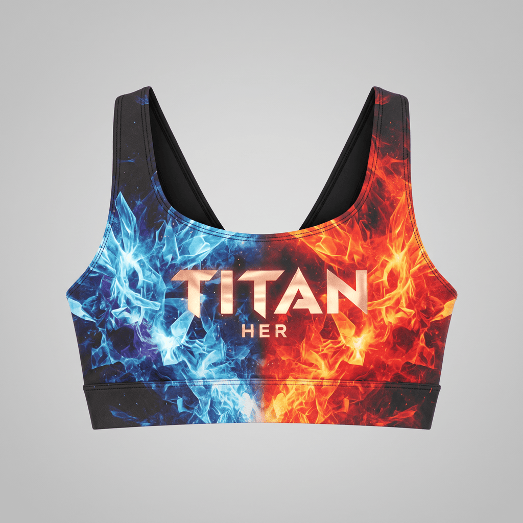Titan Her sports bra with blue and red fire graphic print on a gray background.