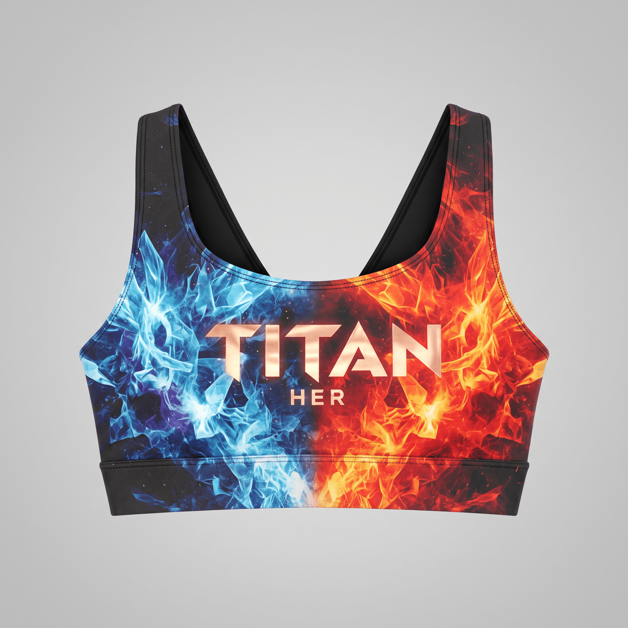 Titan Her sports bra with blue and red fire graphic print on a gray background.