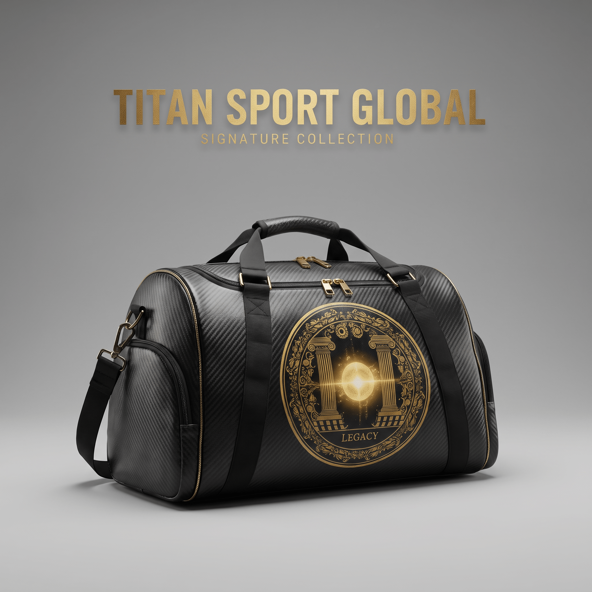 Titan Sport Global Signature Collection black carbon fiber duffel bag with gold zippers and a round gold Legacy logo.